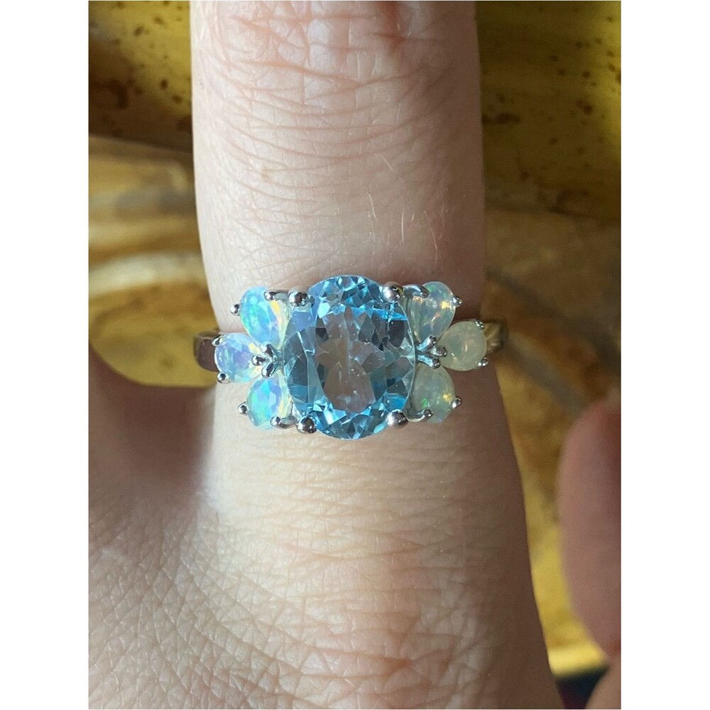 Brazilian Blue Topaz Ethiopian Opal Sterling Silver Ring Size 7.75